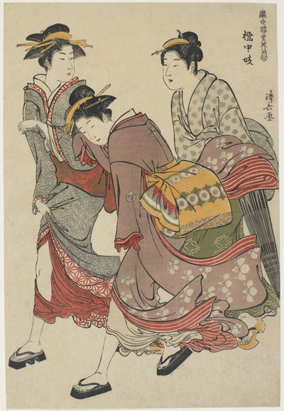 Entertainers van Tachibana-cho, 1782 (kleur houtsnede) door Torii Kiyonaga